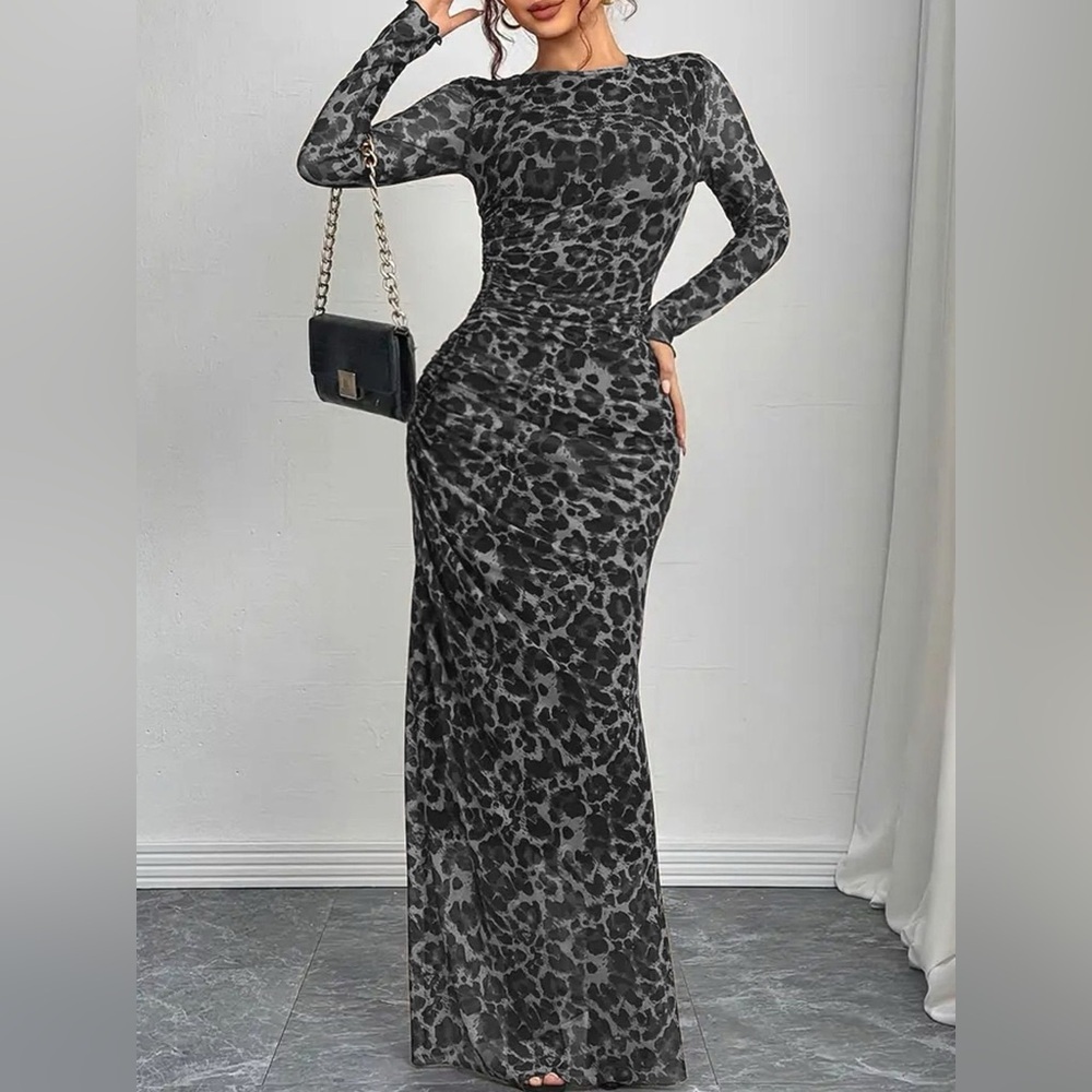Leopard Ruched Bodycon Maxi Dress